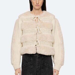 NWT Womens Sea New York Gisele Cream Faux Fur Knit Sleeve Jacket XS